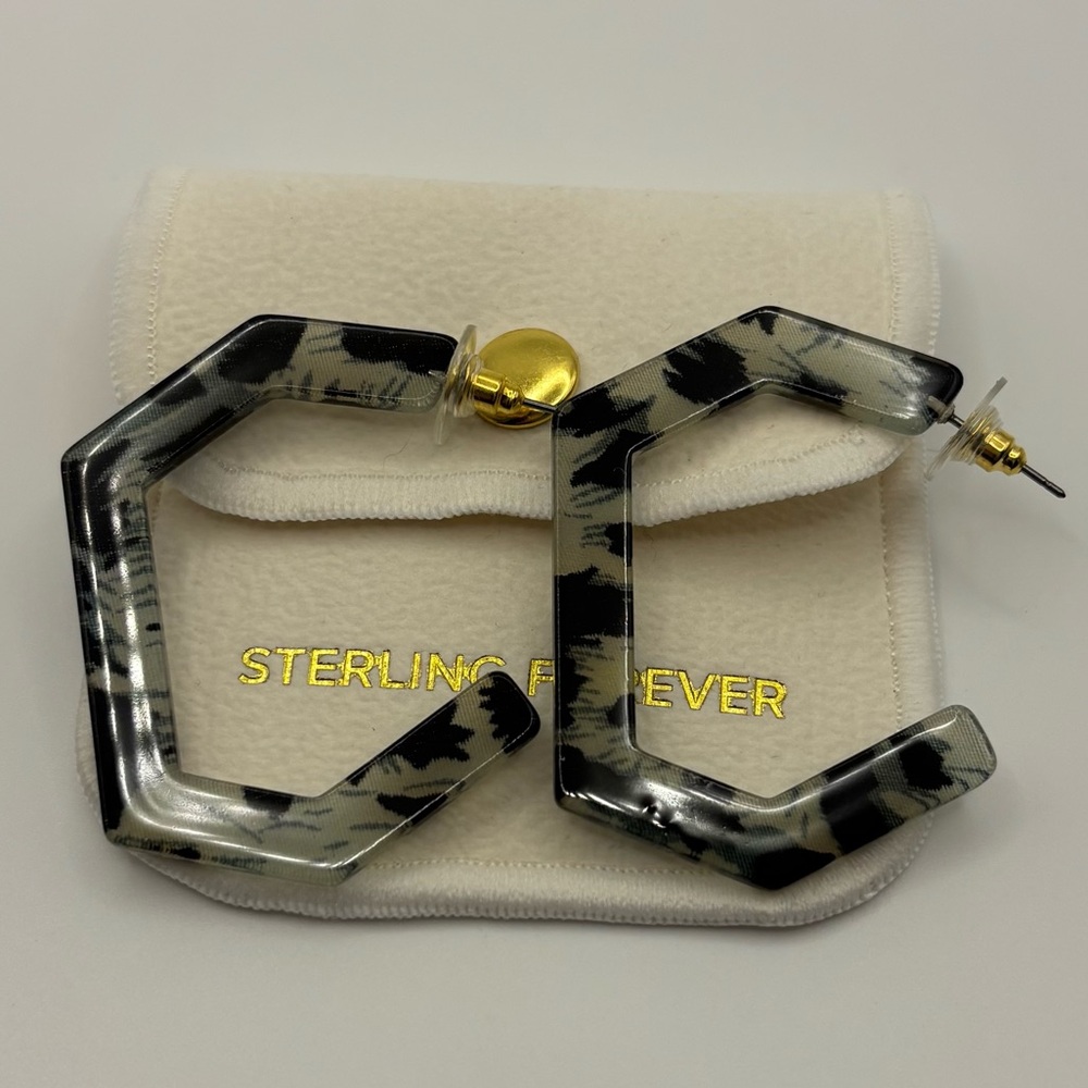 Sterling Forever Gray Leopard Resin & 14k Gold Plated Hexagon Earrings